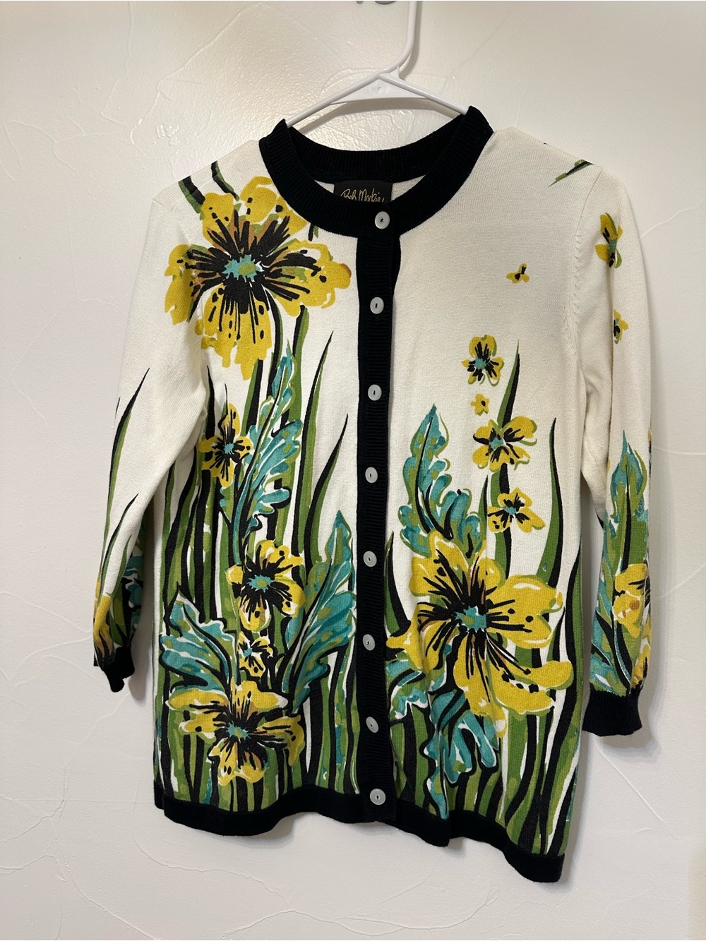Bob Mackie Black-Trim White Cardigan with Yellow Floral Accent